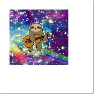 Guitar Sloth Rainbow Space Posters and Art